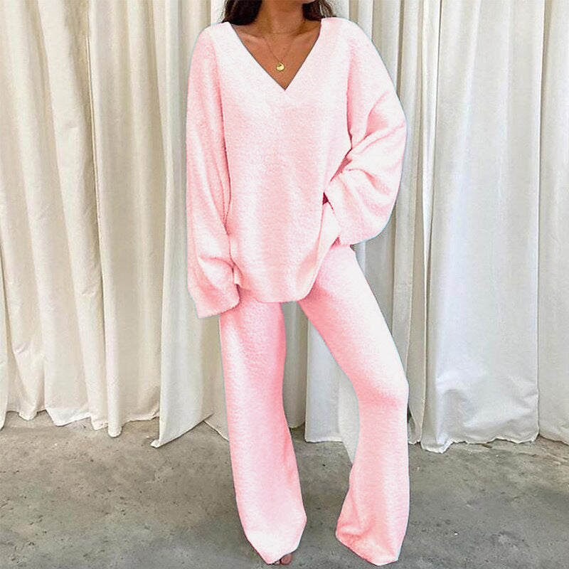 Comfortable Solid Color V-neck Daily Two-piece Set
