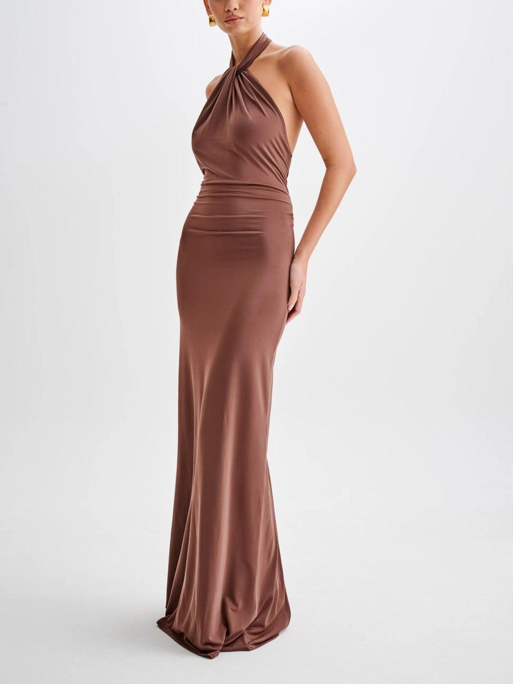 Slinky Halter Maxi Dress - Brown