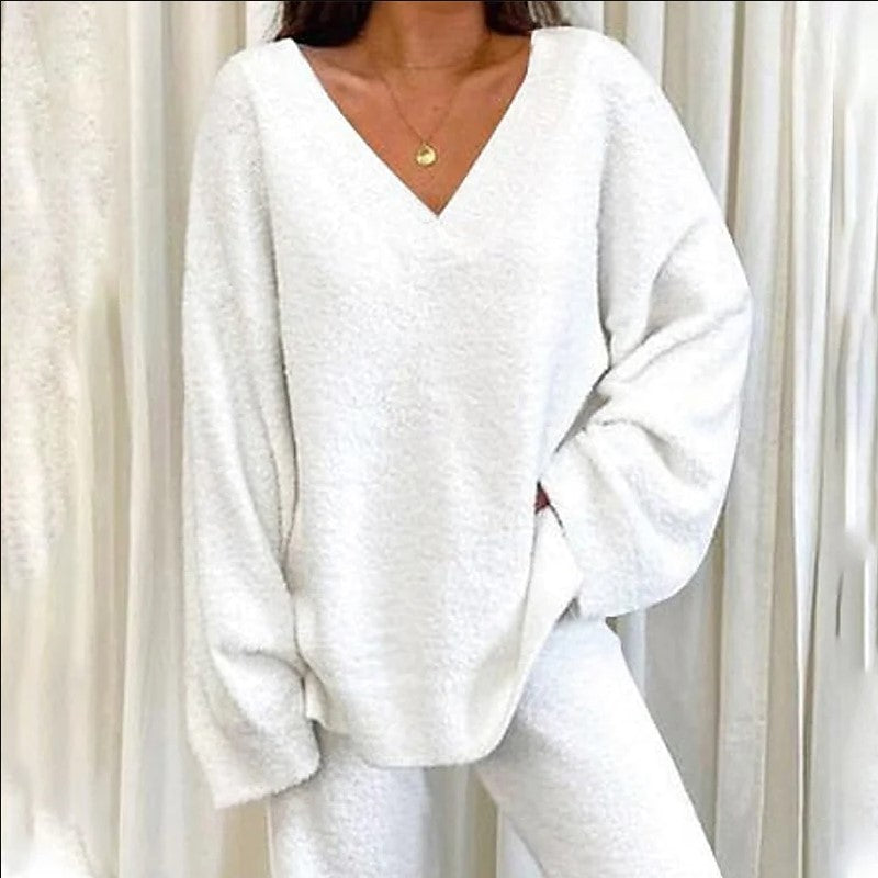 Comfortable Solid Color V-neck Daily Two-piece Set