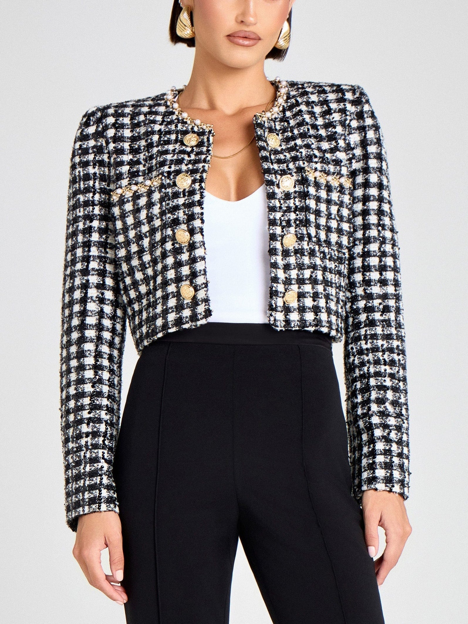 Exquisite Black And White Checked PearlTrim Jacket And Shorts Set