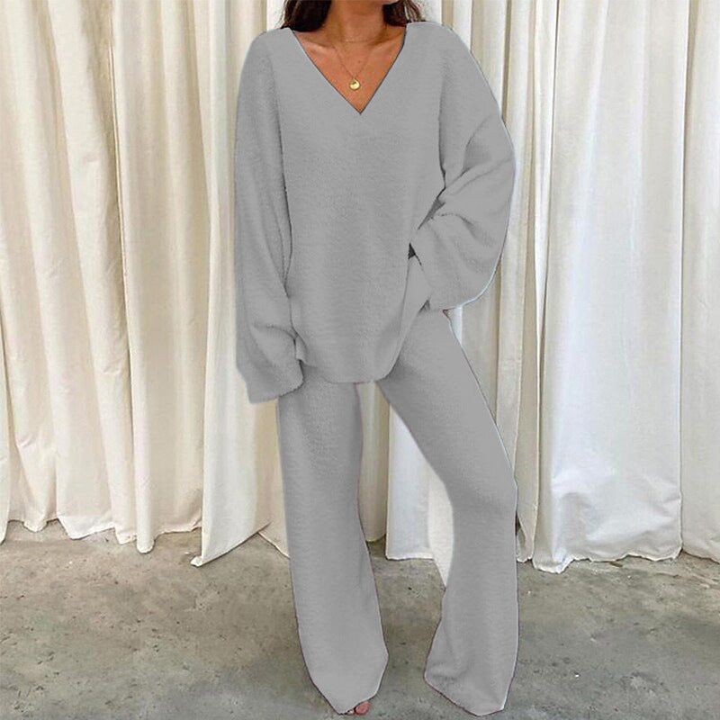 Comfortable Solid Color V-neck Daily Two-piece Set