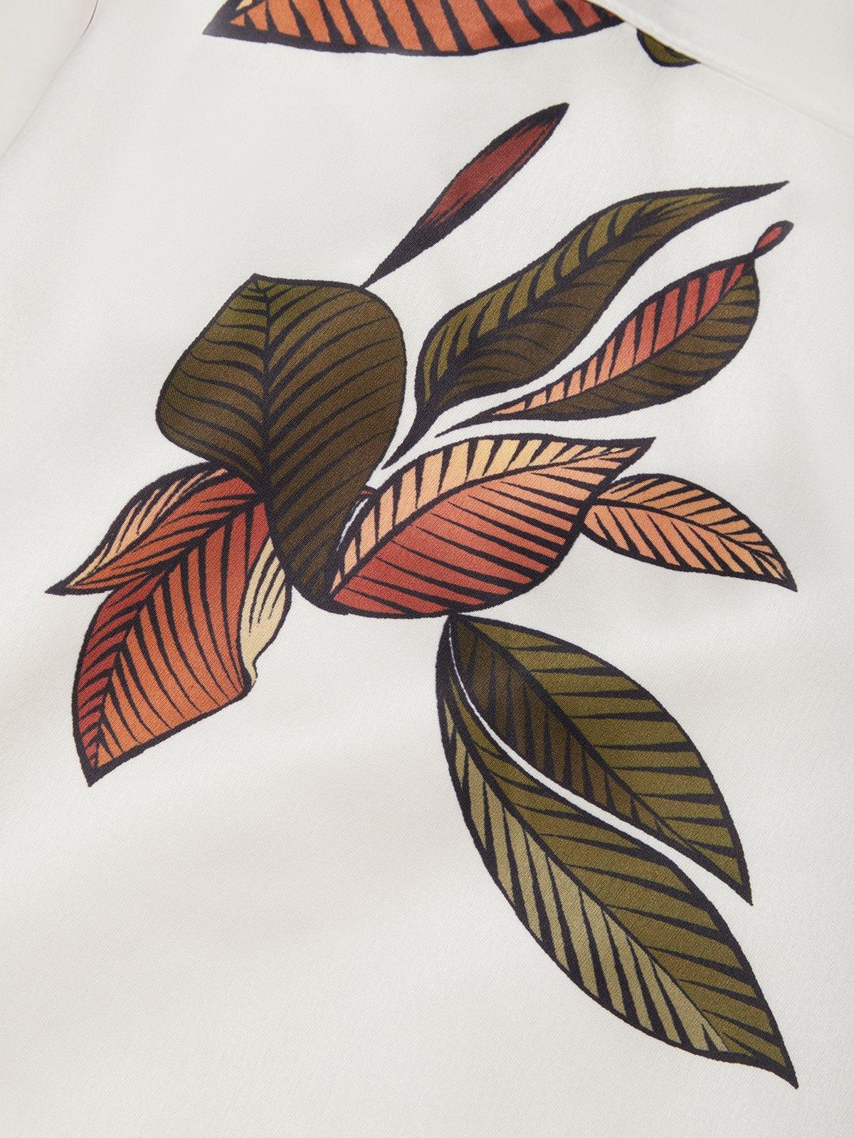 White Leaf Short Sleeve Satin Wrap Sheath Midi Dress