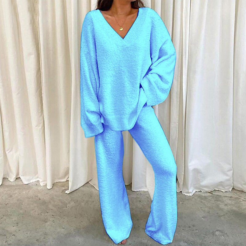 Comfortable Solid Color V-neck Daily Two-piece Set