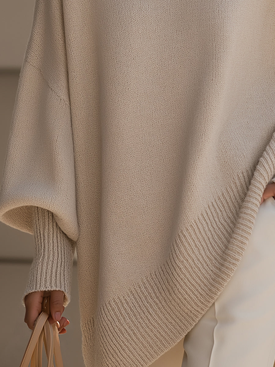 Oversized Beige Knit Poncho Sweater