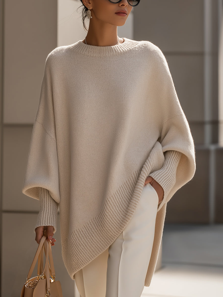 Oversized Beige Knit Poncho Sweater