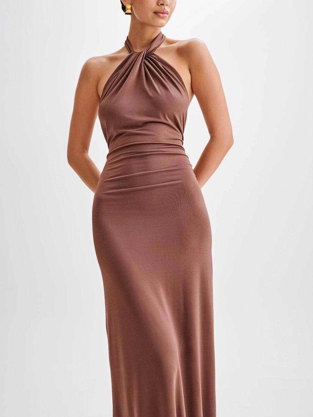 Slinky Halter Maxi Dress - Brown