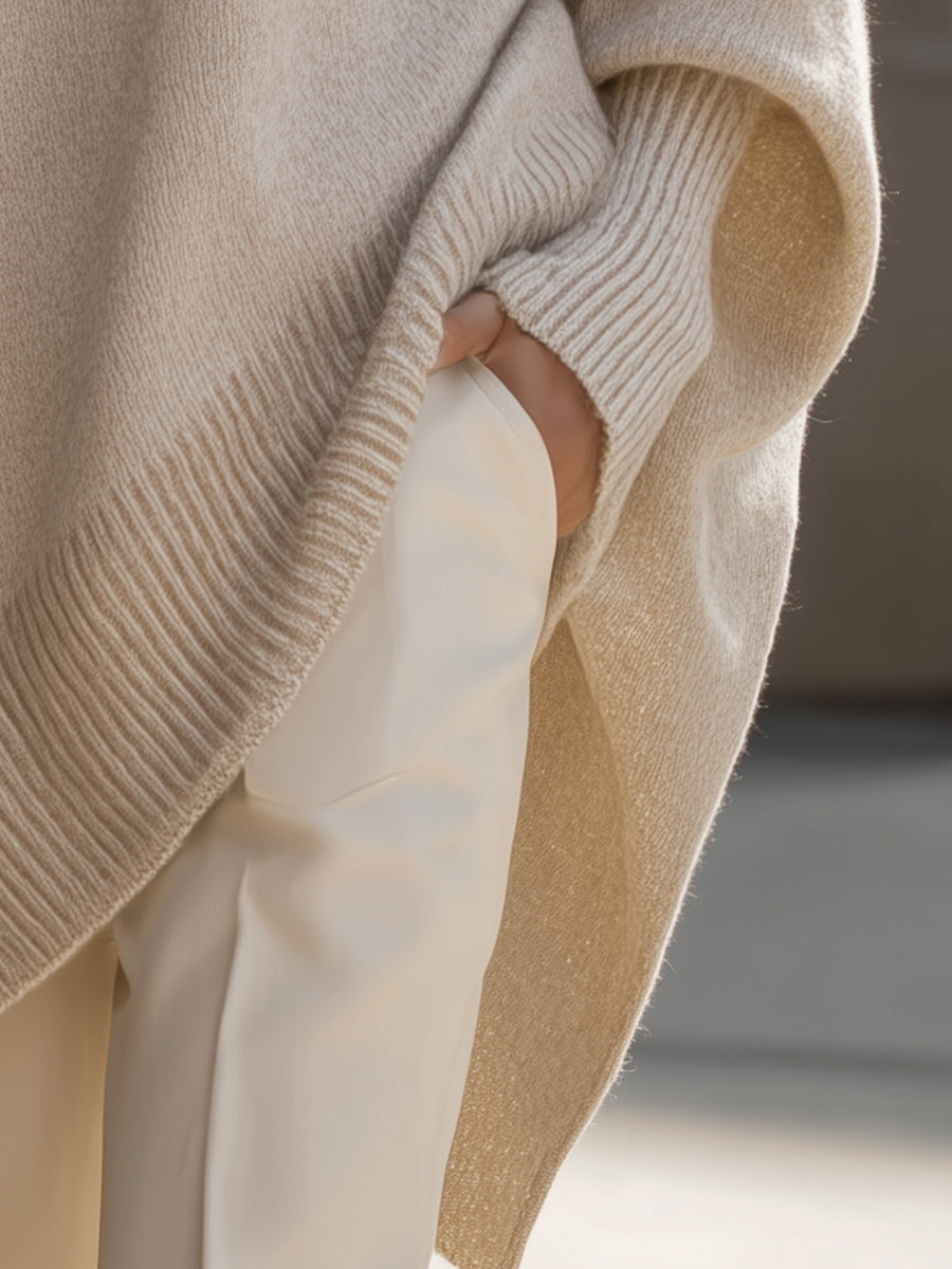 Oversized Beige Knit Poncho Sweater