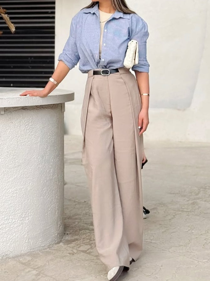 Blue striped shirt and khaki trousers set