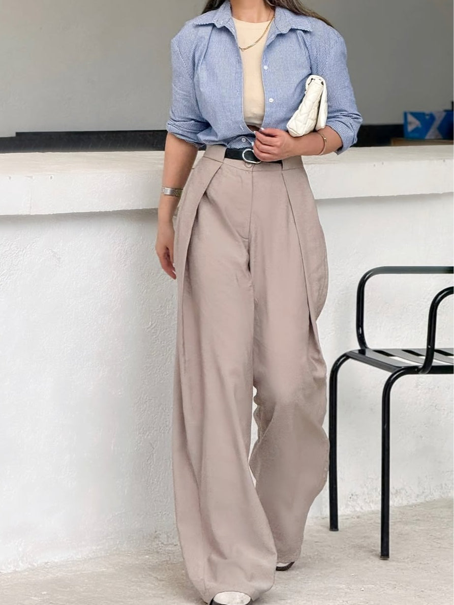 Blue striped shirt and khaki trousers set
