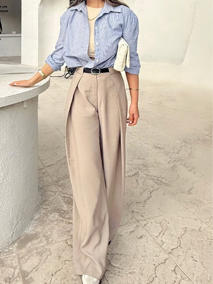 Blue striped shirt and khaki trousers set