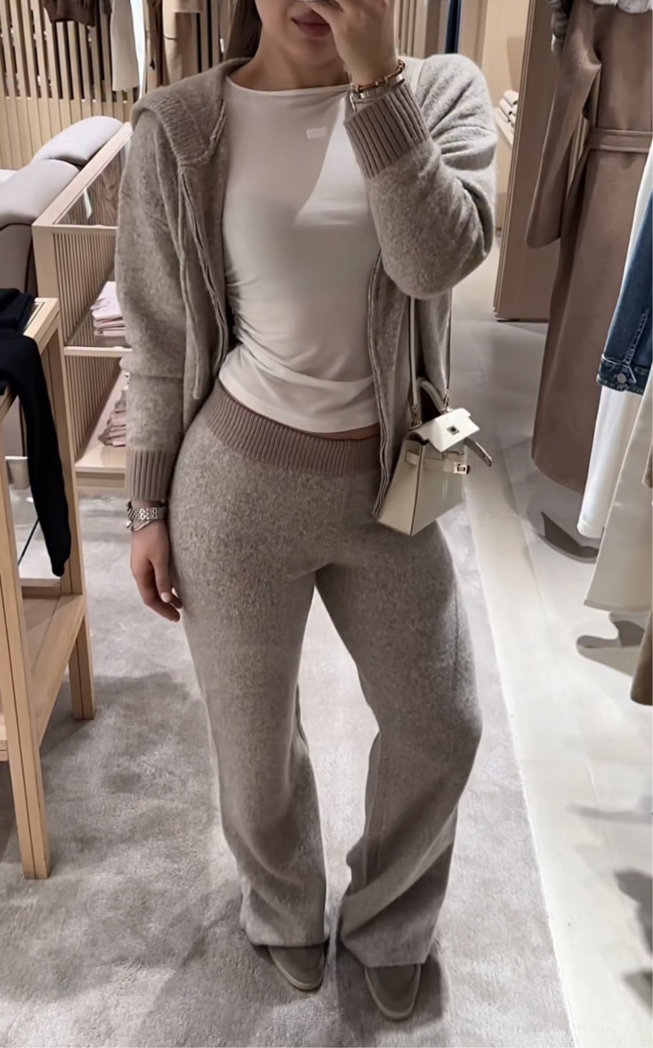 Coffee Hooded Knitted Jacket And Pants Two-piece Set