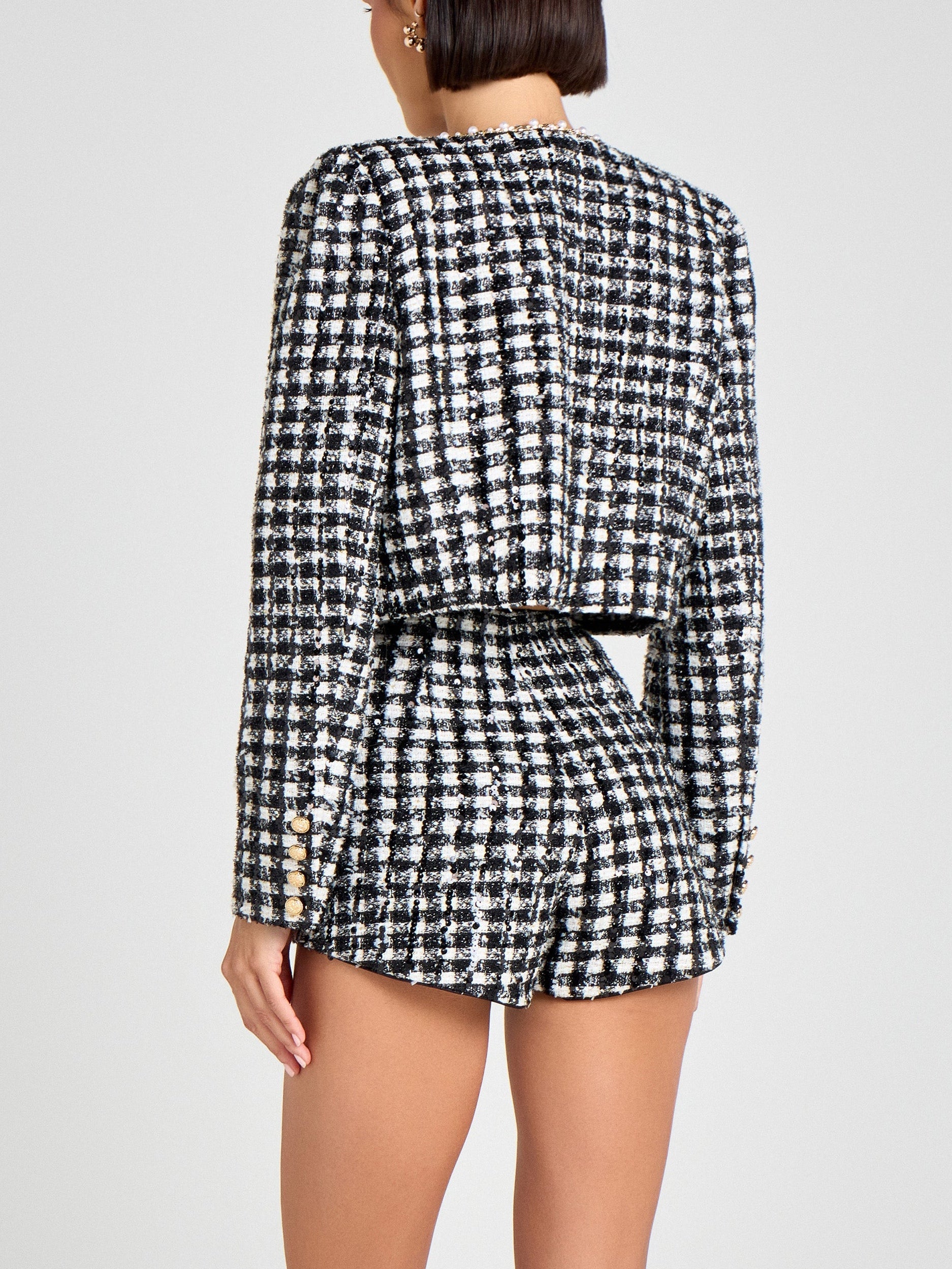 Exquisite Black And White Checked PearlTrim Jacket And Shorts Set