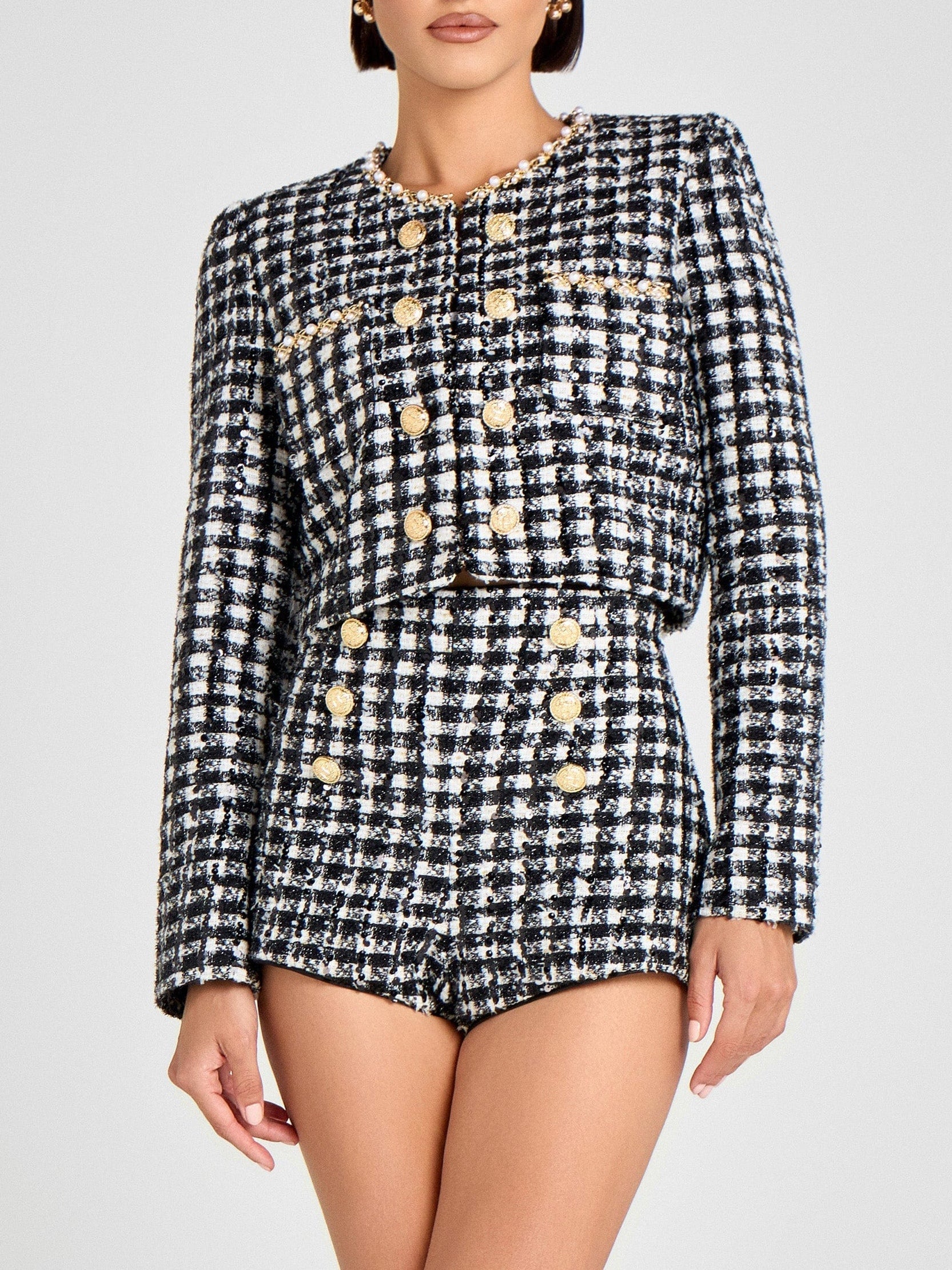 Exquisite Black And White Checked PearlTrim Jacket And Shorts Set