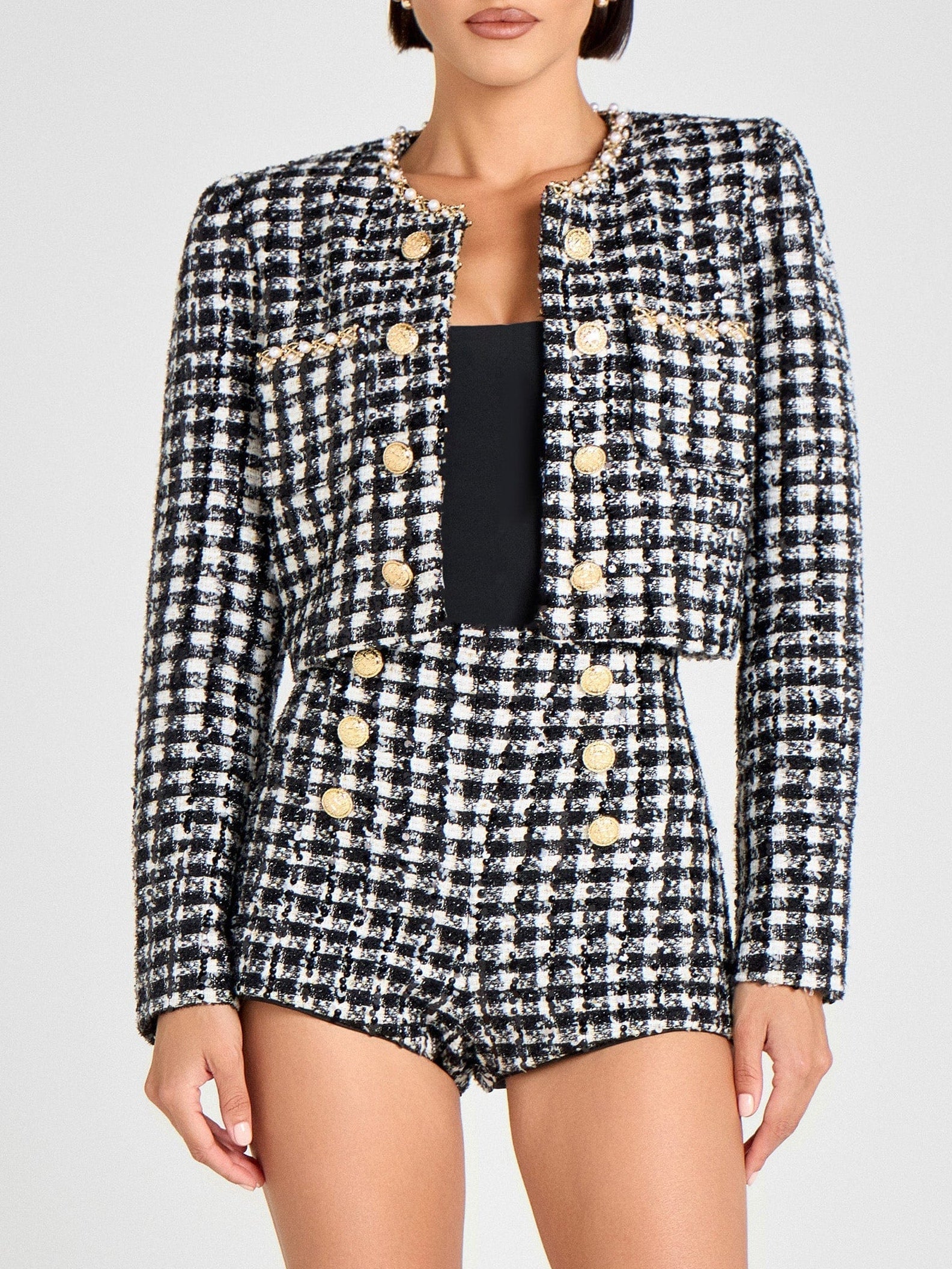 Exquisite Black And White Checked PearlTrim Jacket And Shorts Set
