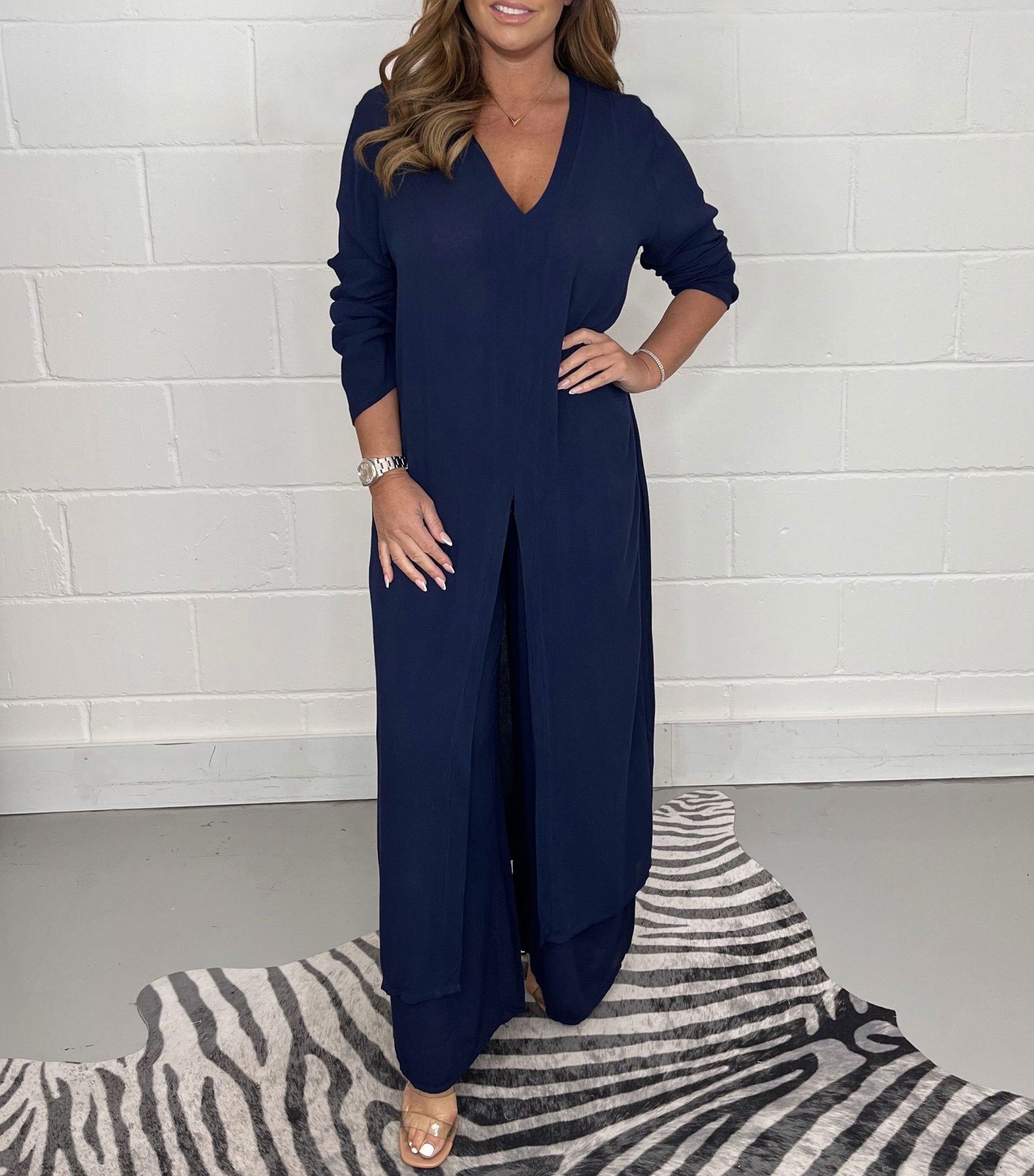 Two-piece Casual Long Top and Matching Pants Set