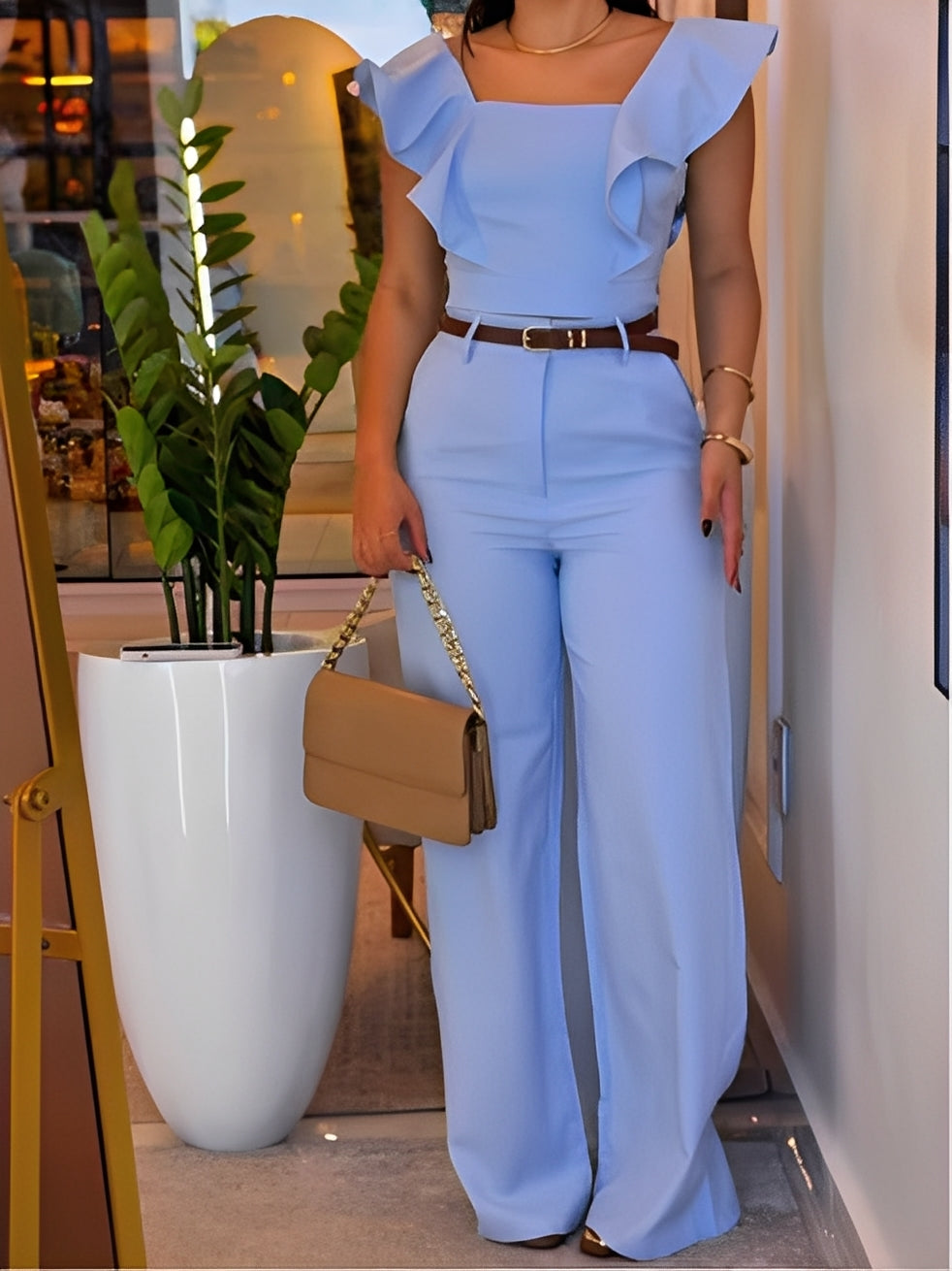 Lotus leaf sleeve vest and trousers suit