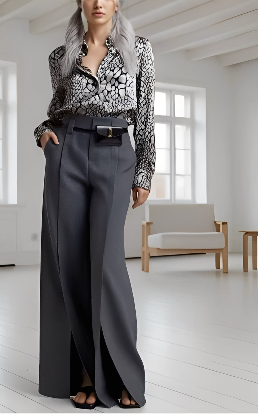 Snake print shirt and gray trousers set